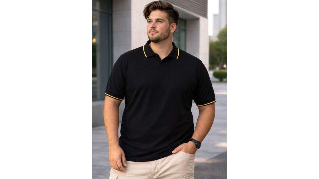 VEIRDO Men Black Solid Pure Cotton Plus Size Polo Collar T-shirt