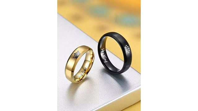 VIEN Set Of 2 Gold-Plated Stainless Steel Crown Engraved Ring