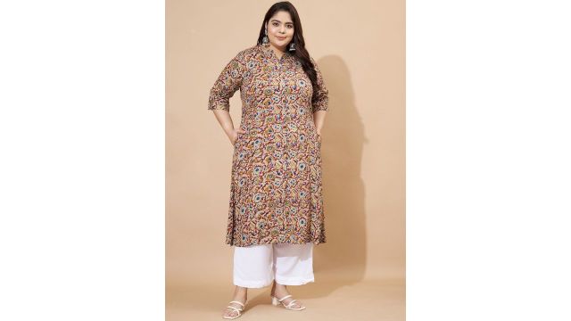 Vbuyz Plus Floral Printed Mandarin Collar A-Line Kurta
