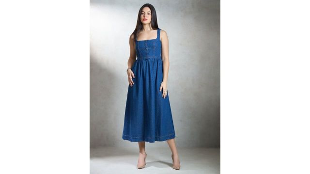Virgio Women Pure Cotton Denim Flared Midi Dress