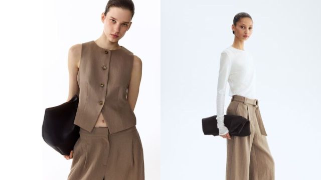 Dark beige Waistcoat, Wide Belted Trousers