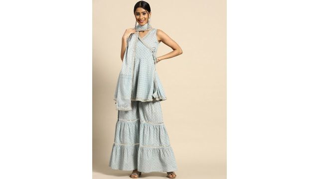 anayna Women Grey & White Floral Printed Angrakha Pure Cotton Kurta with Sharara & Dupatta