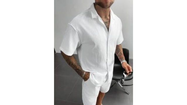 2pcs Men's Summer Set, Lightweight Breathable Cuban Linen Shirt And Drawstring Shorts Set
