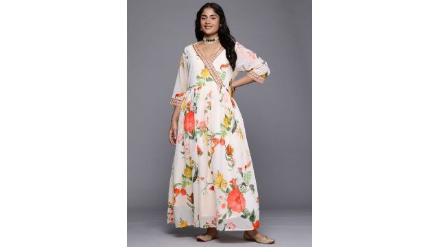 A PLUS BY AHALYAA Floral Printed Sequined Detail Wrap Maxi Dress
