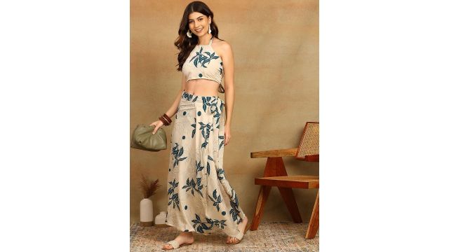 ADYASAA THE LABEL Printed Halter Neck Sleeveless Top With Skirt