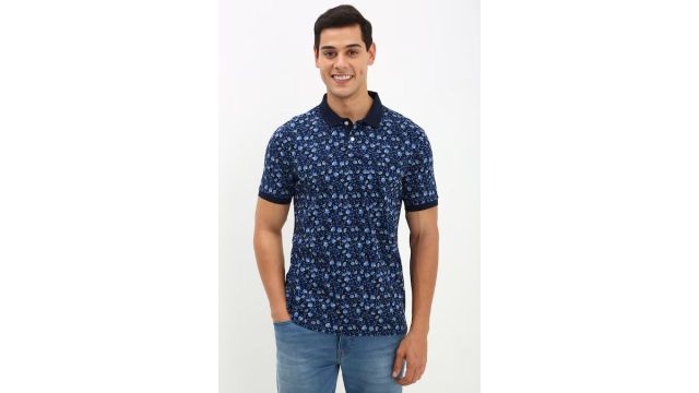 ALLEN SOLLY Navy Printed Casual Half Sleeves Polo Collar Men Regular Fit T-Shirts