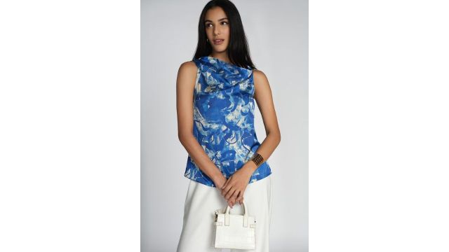 AND Medium Blue Printed Casual Sleeveless Round Neck Women Regular Fit Top