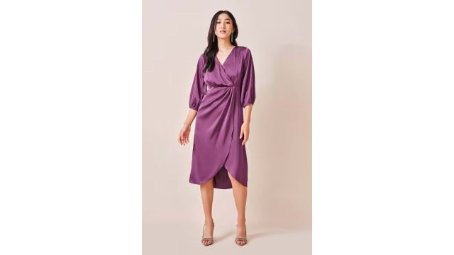 AND Purple Solid Calf Length Casual Women Regular Fit Dress