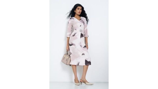 ANNABELLE Blush Abstract Print Belted Midi Dress