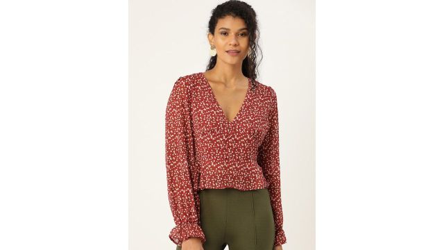 ANVI Be Yourself Maroon Floral Printed Bell Sleeves Georgette Peplum Top