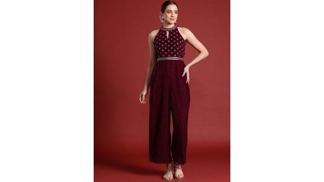 Anouk Halter Neck Printed Embroidered Culotte Jumpsuit with Belt