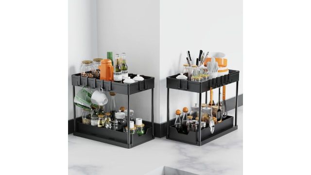 Artzon 2-Tier Sliding Cabinet Basket With Hooks