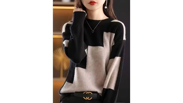 Autumn Winter Round Neck Contrast Color Sweater