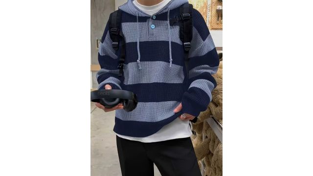 Autumn Winter Warm Striped New Versatile Casual Men's Knit Pullover Sweatshirt