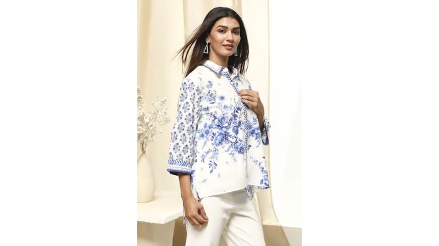 BIBA Medium Blue Printed Casual Three-Quarter Sleeves Shirt Collar Women Regular Fit Top