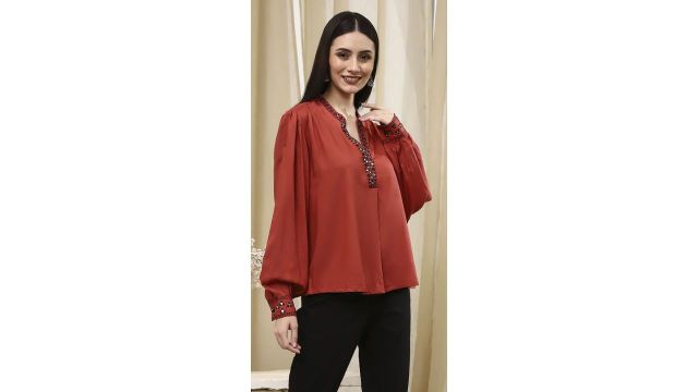 BIBA Rust Embroidered Neckline Straight Fit Top