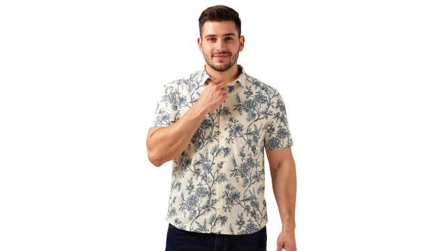 BULLMER Plus Size Floral Printed Spread Collar Casual Shirt