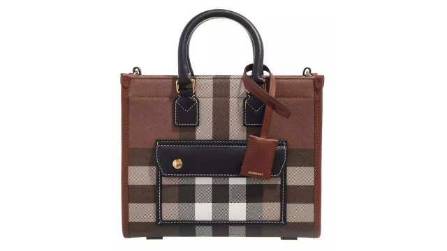 Burberry Check And Leather Mini Freya Tote Bag in Dark Birch Brown