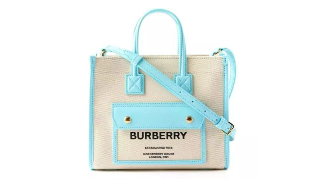 Burberry Mini Freya Tote Bag in Natural/Cool Sky Blue