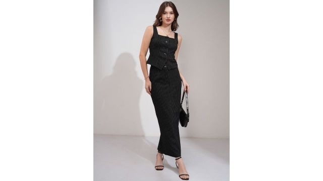 CHIC BY TOKYO TALKIES Women Pinstriped Vest Midi Column Skirt Set