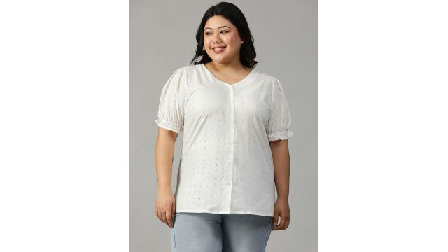 CLOCHOICE Women Plus Size White Cotton Schiffli Puff Sleeve Top