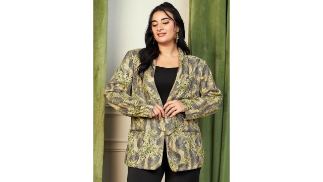 CURVE BY KASSUALLY Plus Size Grey Floral Printed Single-Breasted Blazer