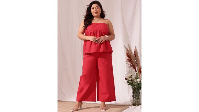 CURVY STREET Plus Size Off Shoulder Sleeveless Pure Cotton Top & Trouser
