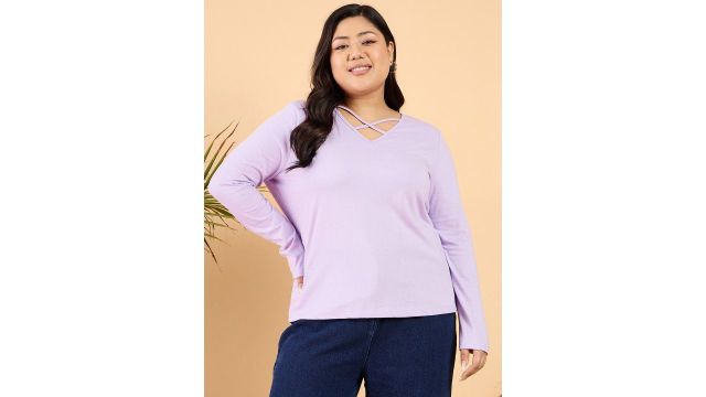 CURVY STREET Plus Size V-Neck Cotton Relaxed Fit T-shirt