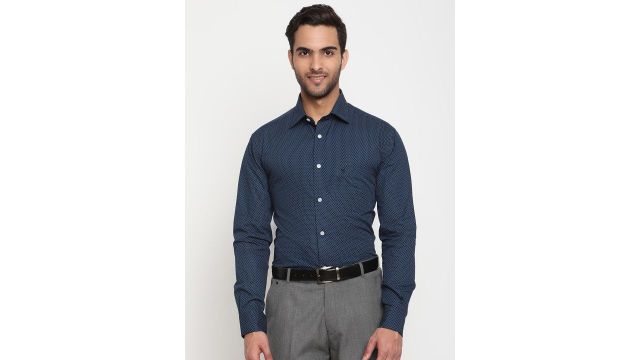 Cantabil Men Navy Blue Original Micro Checks Semi Sheer Striped Formal Shirt