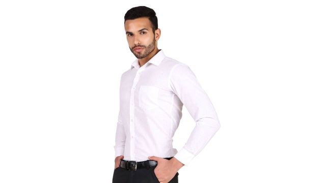 DESIGN UP Men White Solid Slim Fit Cotton Linen Formal Shirt