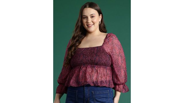 DressBerry Curve Plus Size Animal Print Bell Sleeves Georgette Peplum Top