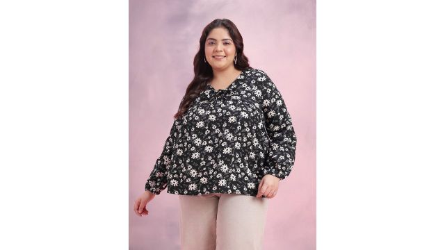 DressBerry Curve Plus Size Floral Print Tie-Up Neck Top