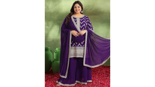 EXTRA LOVE BY LIBAS Plus Size Floral Embroidered Georgette Kurta With Palazzos & Dupatta