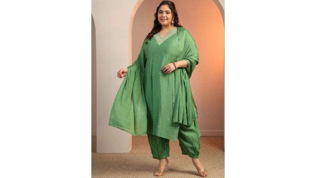 EXTRA LOVE BY LIBAS Women Plus Size Embroidered Kurta with Harem Pants & Dupatta
