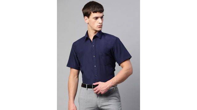English Navy Men Navy Blue Polyester Slim Fit Solid Formal Shirt