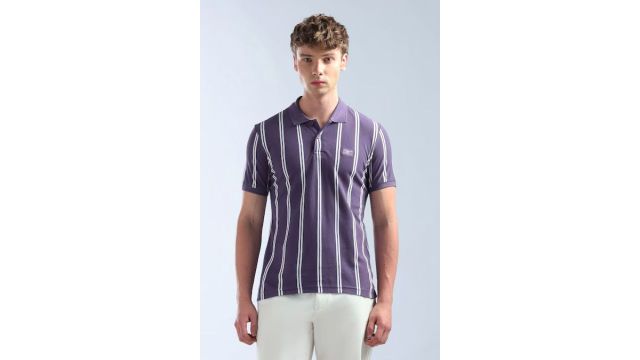 FLYING MACHINE Purple Striped Casual Half Sleeves Polo Collar Men Regular Fit T-Shirt