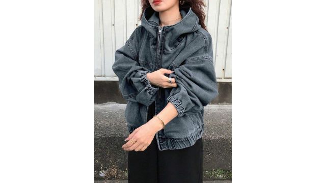 FRIFUL Women's Solid Color Casual Zip-Up Loose Long Sleeve Hooded Denim Jacket