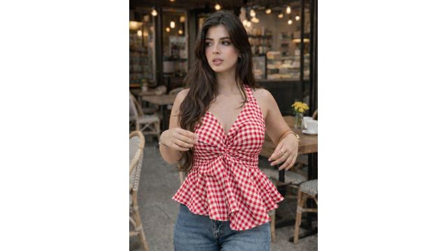 Femibazaar Women Gingham Peplum Knot Peplum Tops