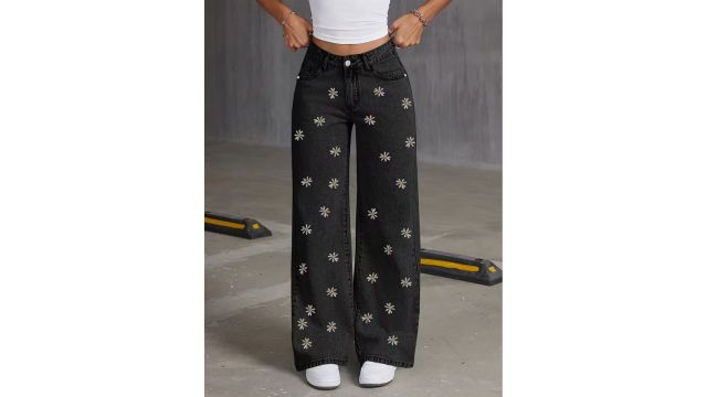 Floral Embroidered Washed Black Petite Floral Embroidered Denim