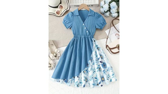Girls' Color-Block Puff Sleeve V-Neck Casual Fashion Princess Dress
