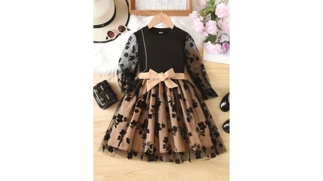 Girls' Floral Mesh Long-Sleeve Dress with a Bow Belt