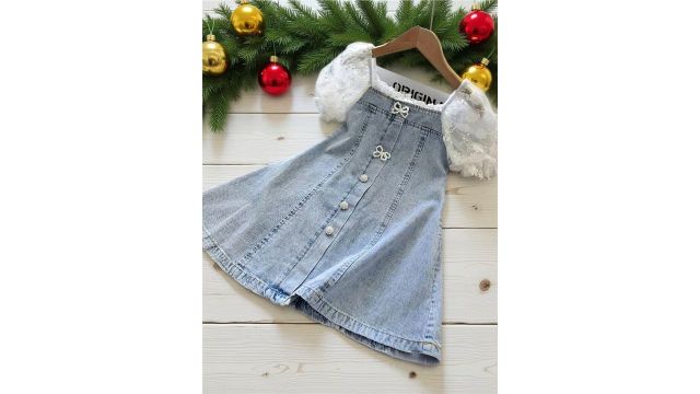 Girls' Temperament Pearl Bubble Sleeve Patchwork Soft Faux Denim A-Line Skirt Fashion Dress