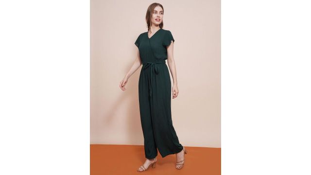 Globus Wrap Neck Cap Sleeves Waist Tie-Up Wide-Leg Basic Jumpsuit