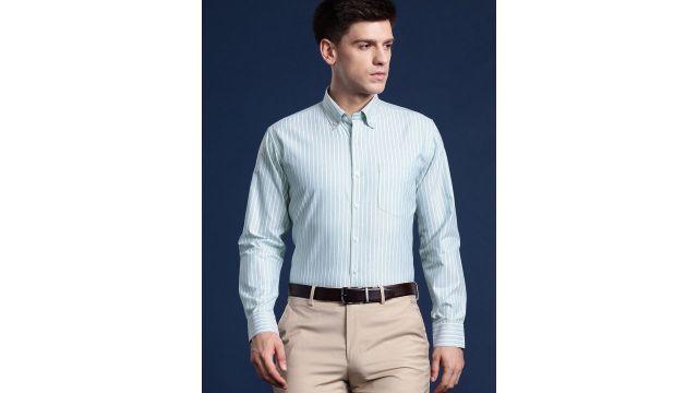 Hancock Men Striped Wrinkle Resistant Button Down Collar Formal Shirt