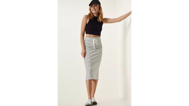 Happiness Istanbul Stripe Slit Midi Skirt