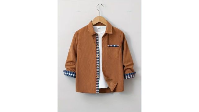 Herringbone Check Patchwork Lapel Long Sleeve Corduroy Shirt