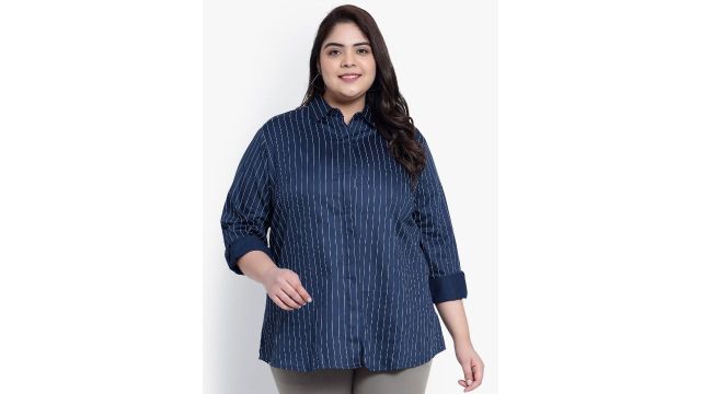 Indietoga Plus Size Vertical Striped Classic Slim Fit Cotton Formal Shirt