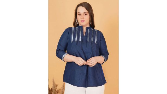 Indietoga Women Plus Size Embroidered Cotton Denim Longline Top