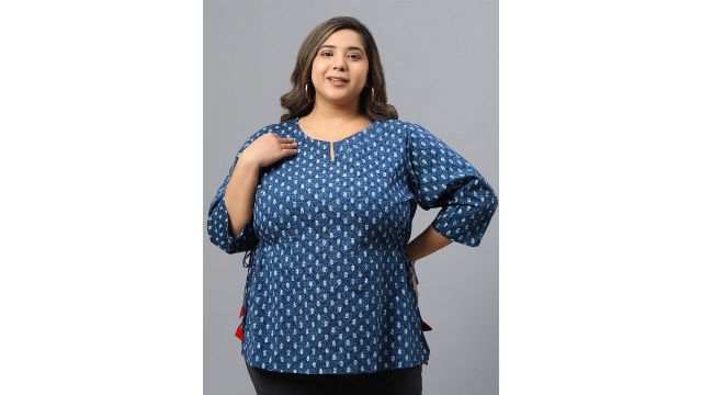 Indietoga Women Plus Size Ethnic Print Cotton Longline Top