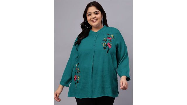 Indietoga Women Plus Size Floral Printed Embroidered Cotton Longline Top with Pockets